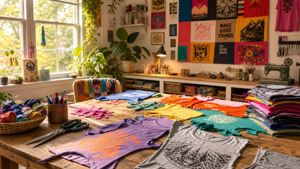 a textile artist's bright studio workspace with colorful cut t-shirts spread across…