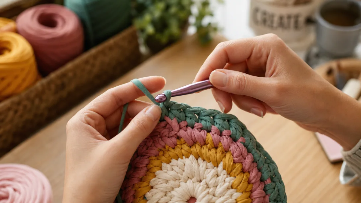close-up of hands crocheting with colorful t-shirt yarn in a crafting workshop,…