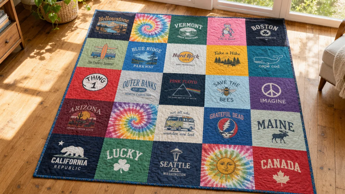 a finished patchwork quilt made from colorful vintage t-shirts displayed on a…