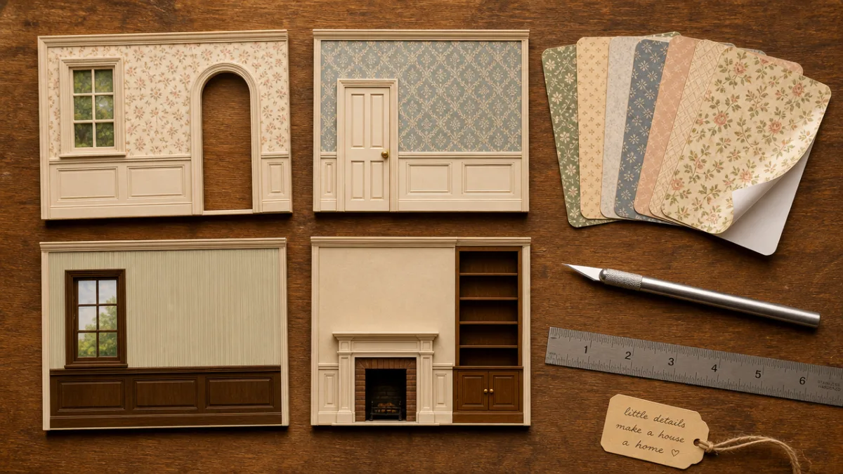 a flat lay of miniature dollhouse wall panels, peel-and-stick wallpaper swatches, craft…