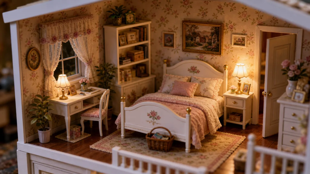 a beautifully decorated miniature dollhouse bedroom interior with floral wallpaper, tiny furniture,…