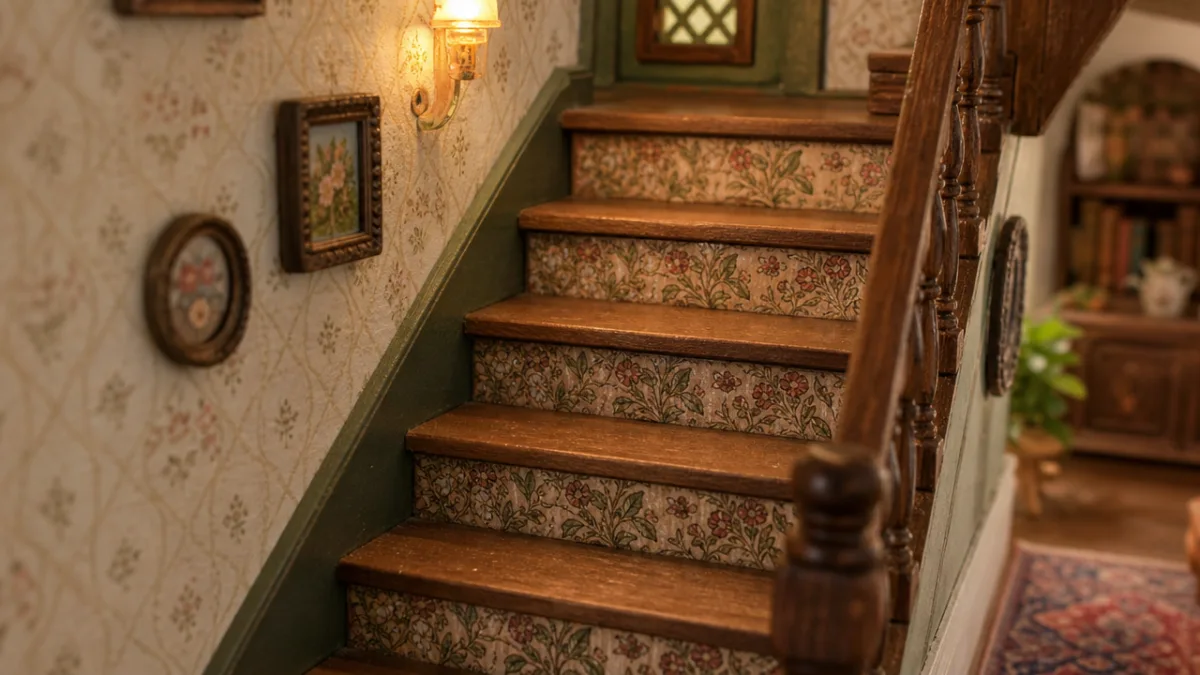 a detailed miniature dollhouse staircase with patterned wallpaper on risers, warm ambient…