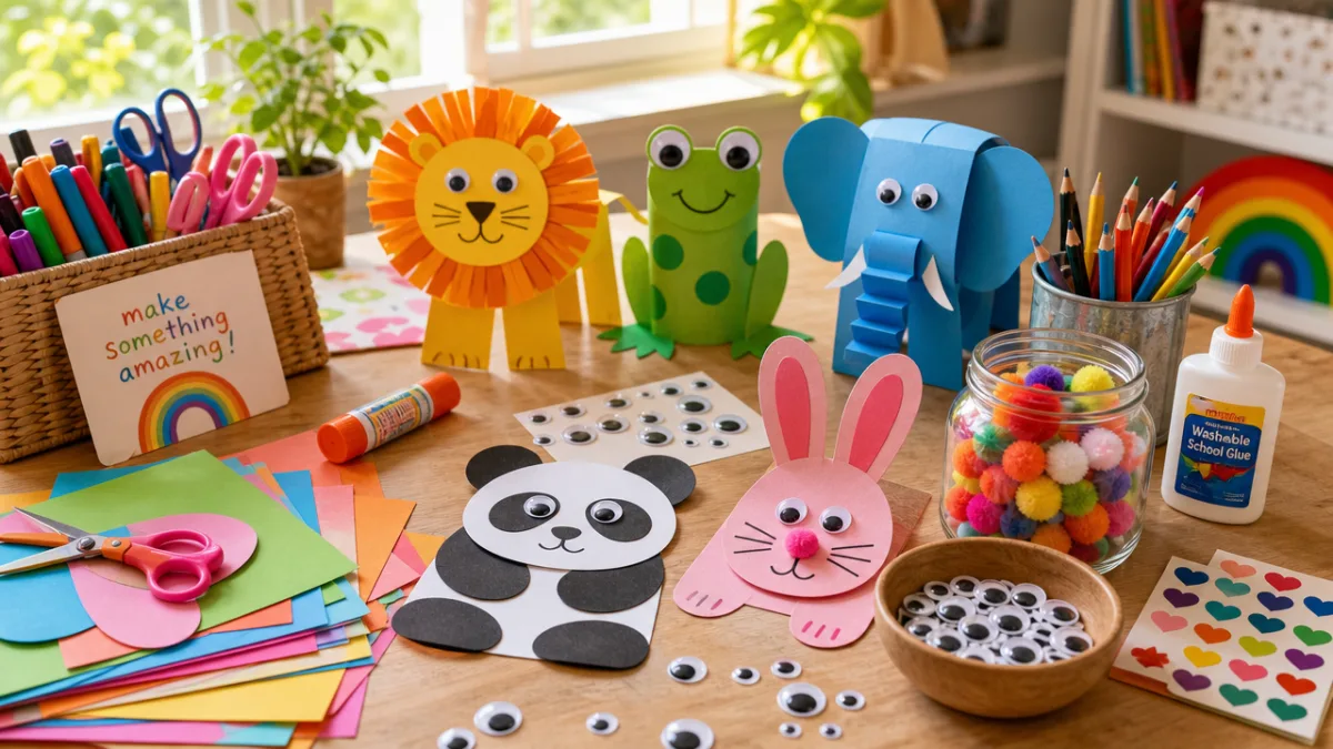 a bright, colorful children's craft table covered in art supplies, paper animals,…