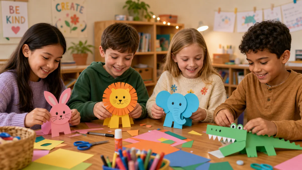 school-age children crafting colorful paper animals at a wooden table, soft warm…