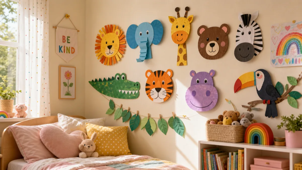 a cheerful children's bedroom wall displaying colorful handmade paper animal crafts, soft…