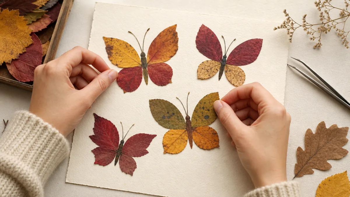 hands carefully arranging colorful pressed autumn leaves into butterfly shapes on cream…
