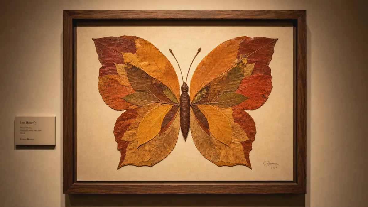 a finished leaf butterfly artwork framed on a gallery wall, warm ambient…