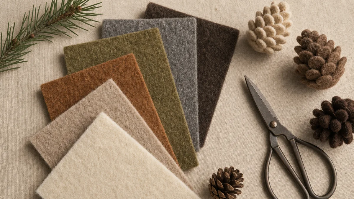 a flat lay of natural wool felt swatches in earthy tones alongside…