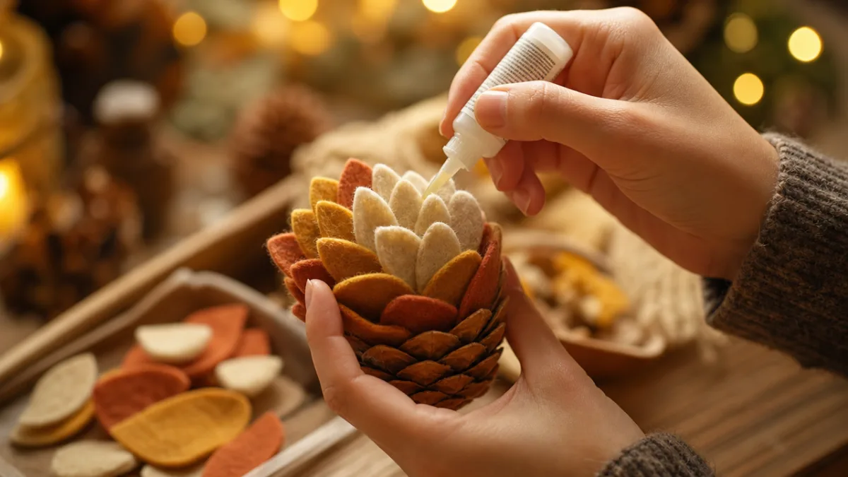 close-up of hands carefully gluing felt petals onto a pinecone shape, warm…