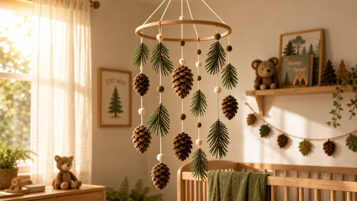 a completed felt pinecone mobile hanging in a softly lit woodland nursery…