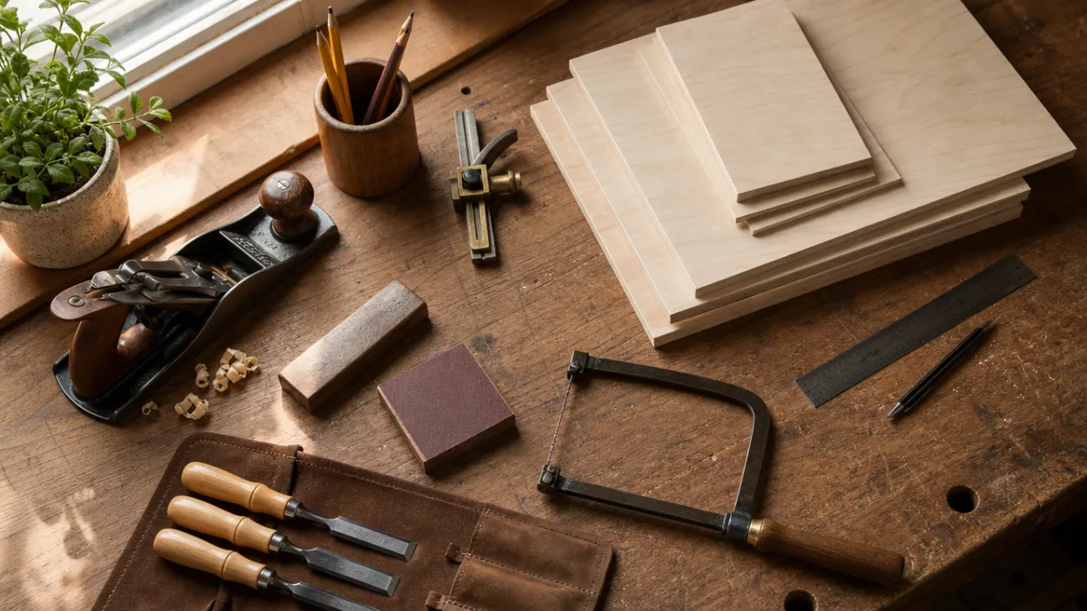 a flat lay of woodworking tools and craft plywood sheets on a…