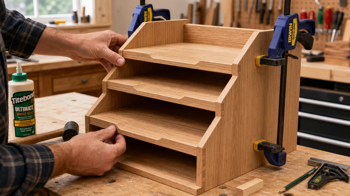 hands assembling a wooden paper tray organizer on a workbench, with clamps…