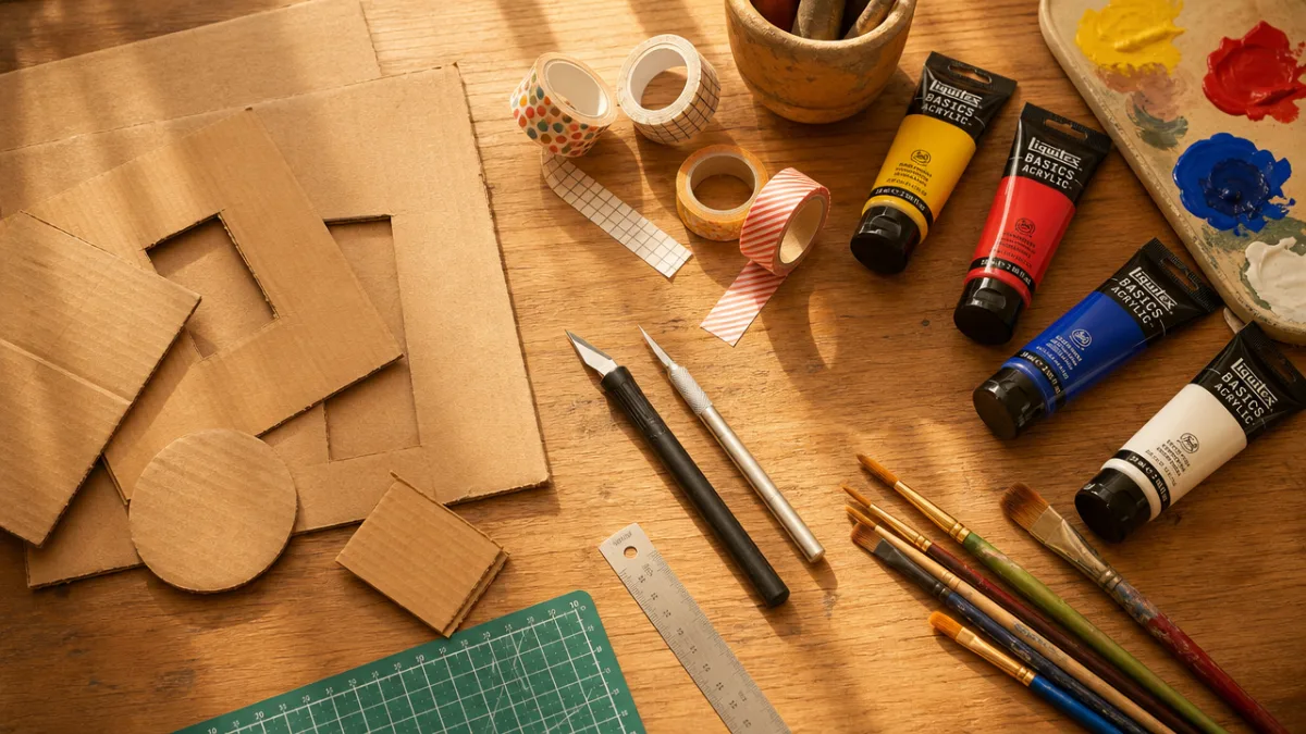 a flat lay of cardboard pieces, craft knives, colorful acrylic paints, washi…