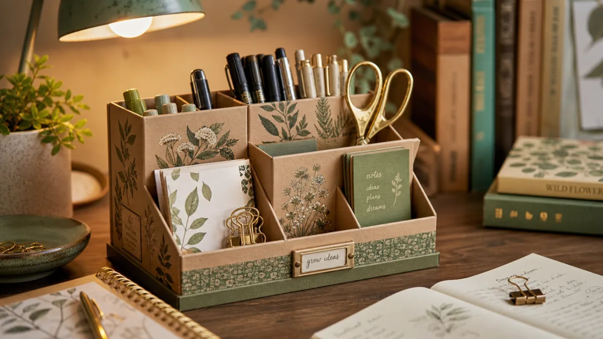 a beautifully decorated cardboard desk organizer with pens and botanical details on…