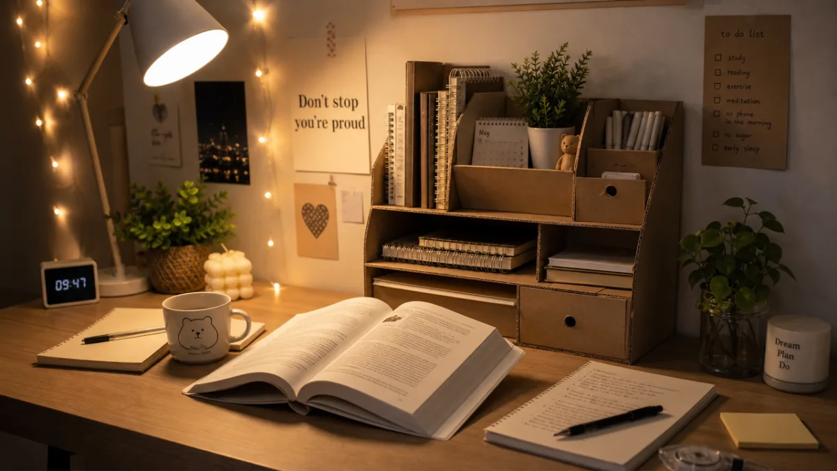an aesthetic study desk fully styled with cardboard organizer, open book, small…