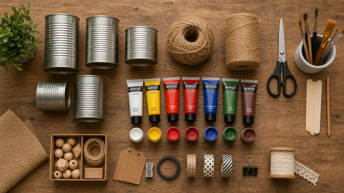 a flat lay of tin cans, twine, acrylic paints, scissors, and craft…
