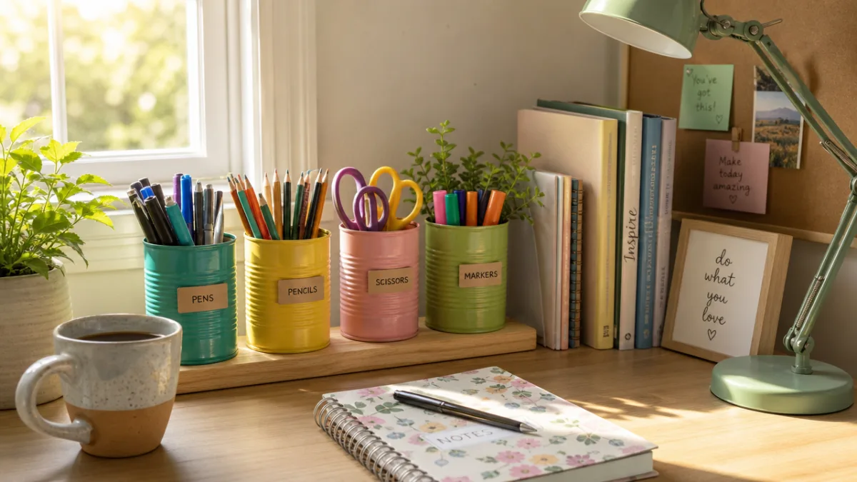 a neatly arranged desk with colorful upcycled tin can organizers holding pens…