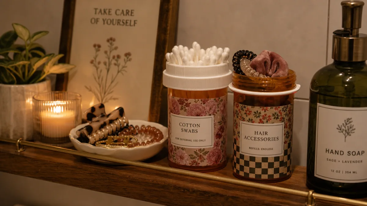 a cozy bathroom shelf with decorated prescription bottles holding cotton swabs and…