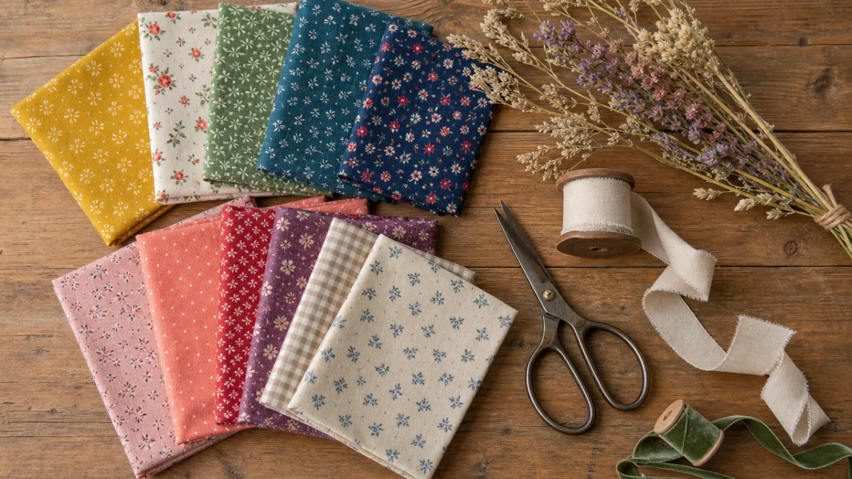 a flat lay of colorful folded fabric squares, scissors, ribbon, and dried…