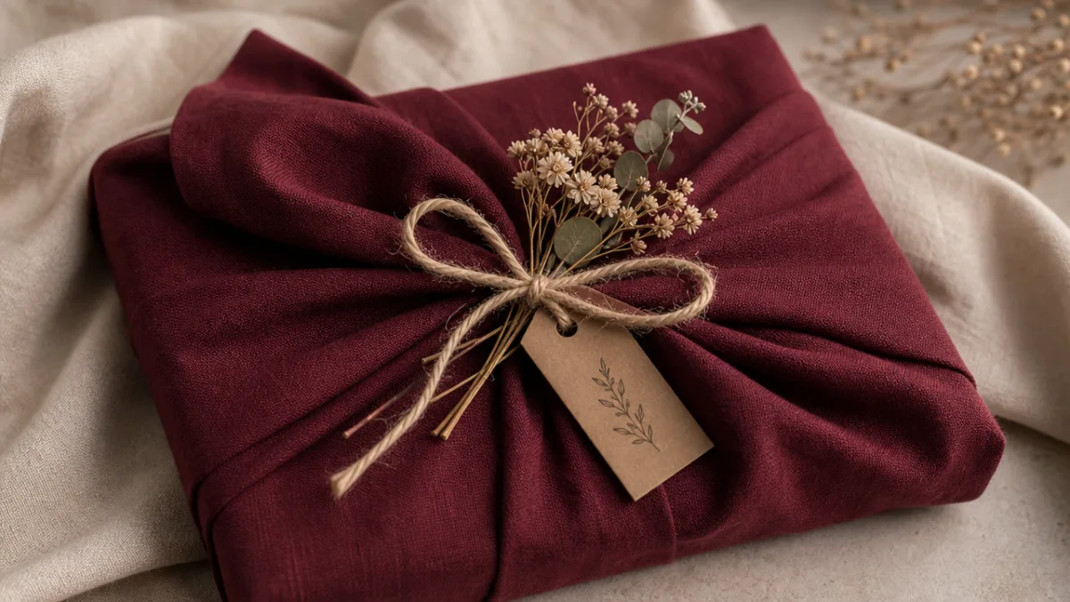 a beautifully wrapped fabric gift in deep burgundy linen tied with twine…