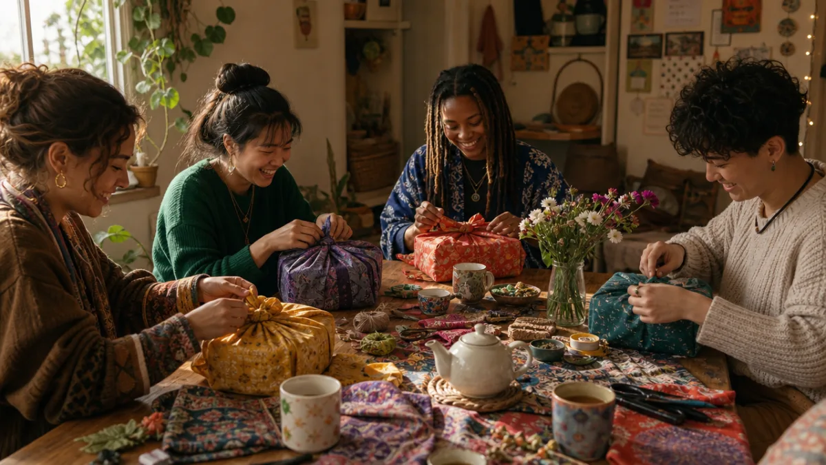 friends sitting around a table wrapping gifts in colorful fabrics with tea…