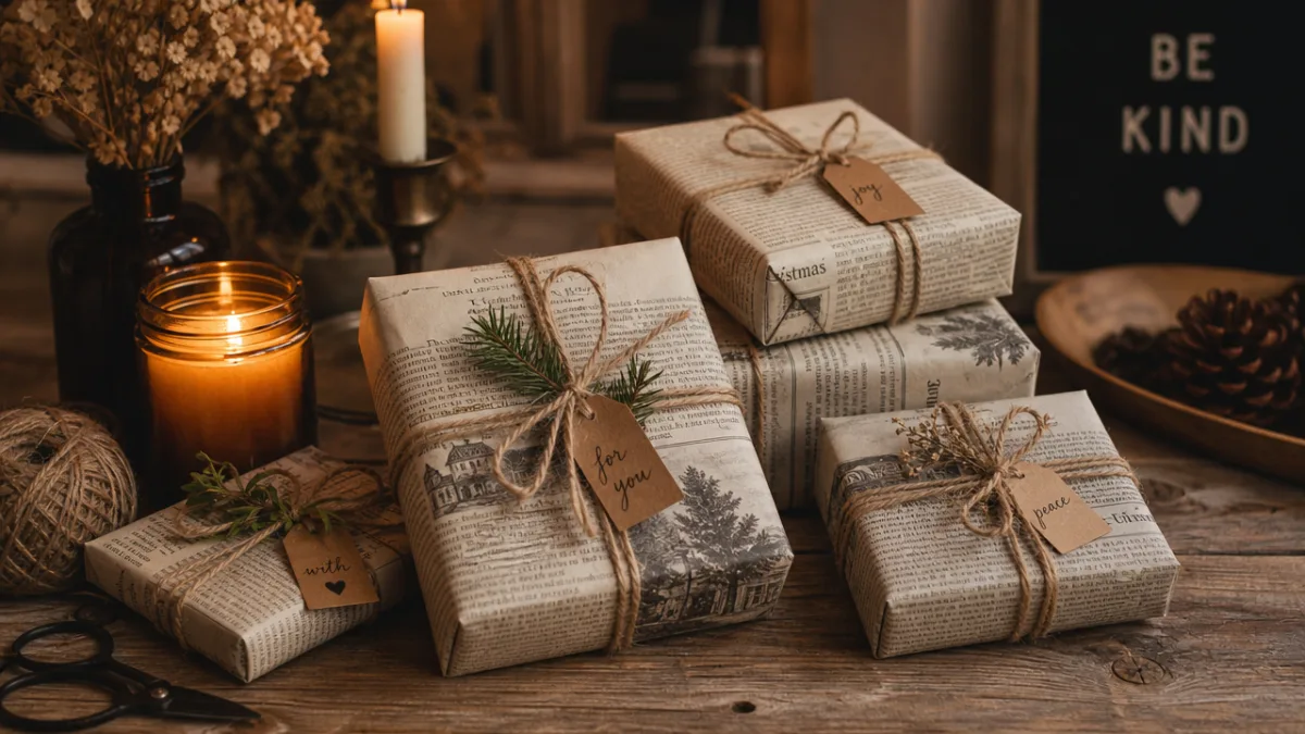 a rustic wooden table with neatly wrapped gifts in newspaper and twine,…