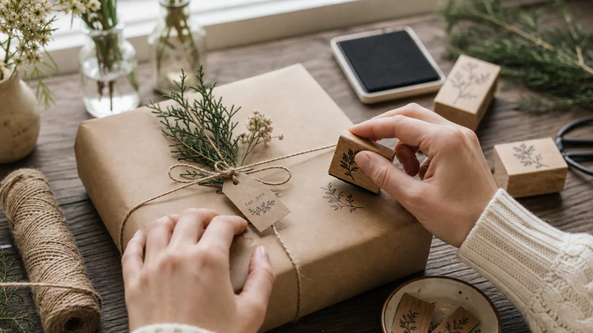 hands decorating brown kraft paper gift wrap with stamps and botanical sprigs,…