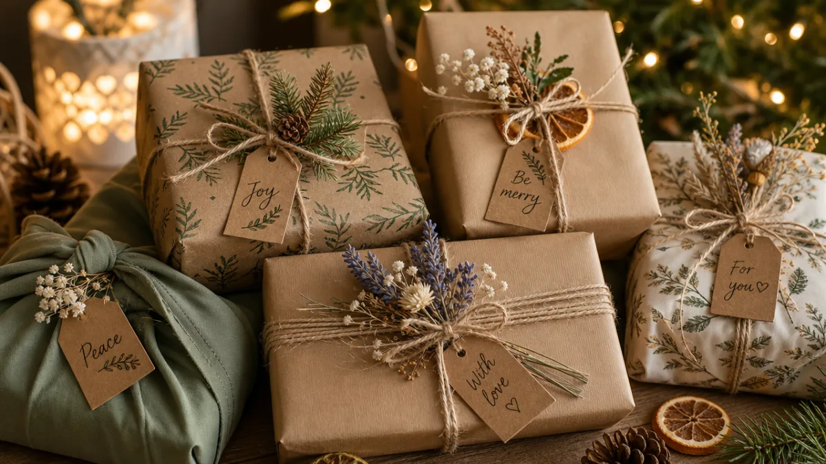 a festive collection of eco-wrapped gifts stacked together with twine and dried…
