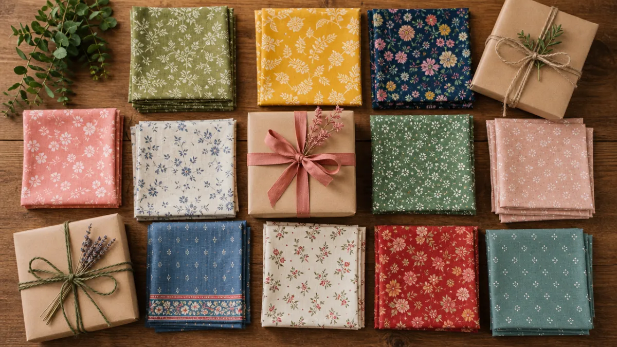a flat lay of colorful folded fabric squares and wrapped gifts on…