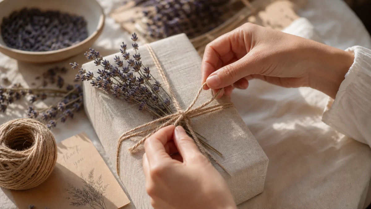 hands tying jute twine around a linen-wrapped gift with dried lavender, soft…