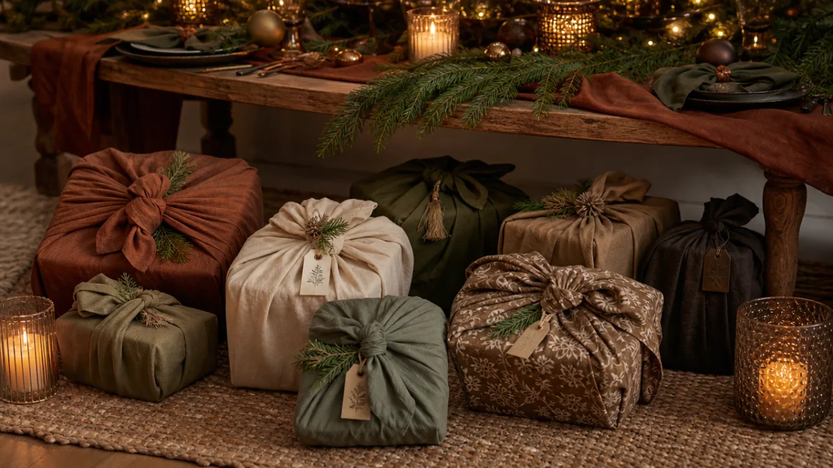 a collection of fabric-wrapped gifts in earthy tones arranged under a decorated…