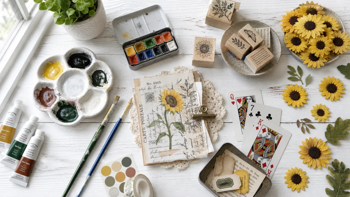 a flat lay of art supplies including paints, stamps, playing cards and…