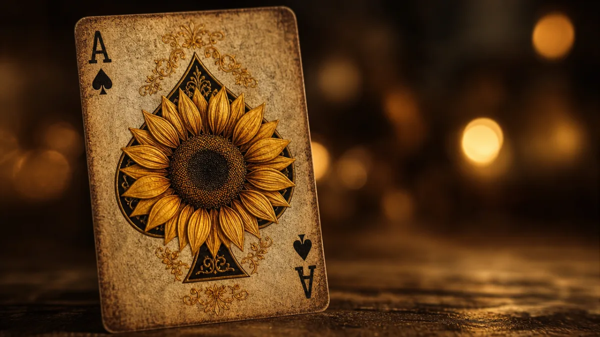 close-up of a sunflower altered playing card with golden yellow petals and…