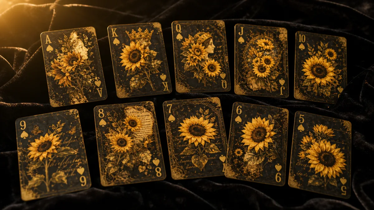 arrangement of finished altered playing cards with sunflower designs displayed against dark…