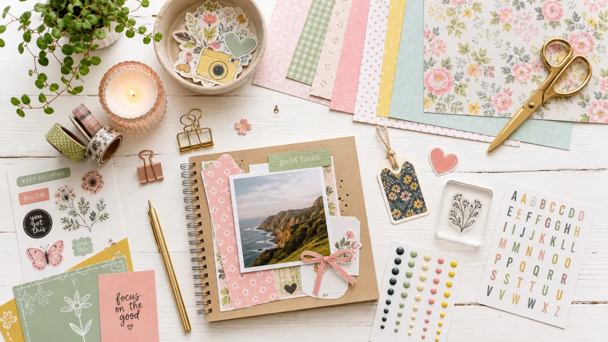a flat lay of colorful scrapbooking supplies on a white wooden desk,…