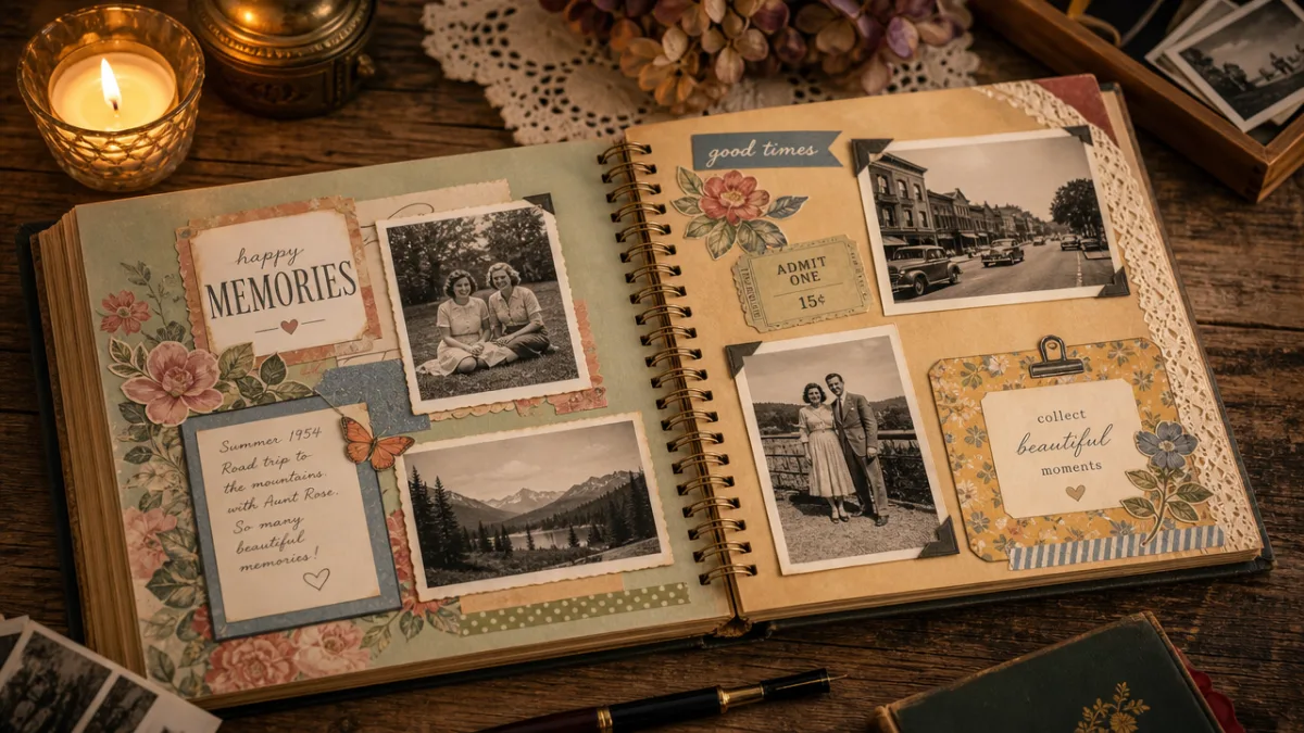 an open scrapbook album with colorful layouts and vintage photographs on a…
