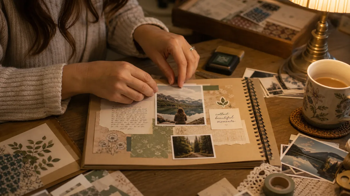 a woman's hands carefully arranging photographs and paper on a scrapbook layout,…