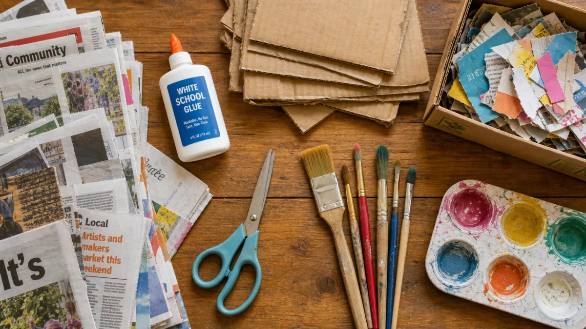 a flat lay of colorful recycled newspapers, cardboard, glue, scissors, and paintbrushes…