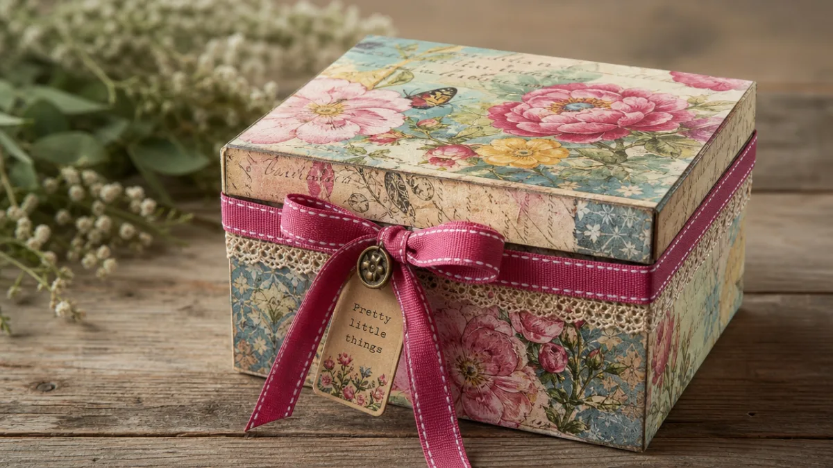 a beautifully decorated recycled paper craft box with colorful decoupage and ribbon…