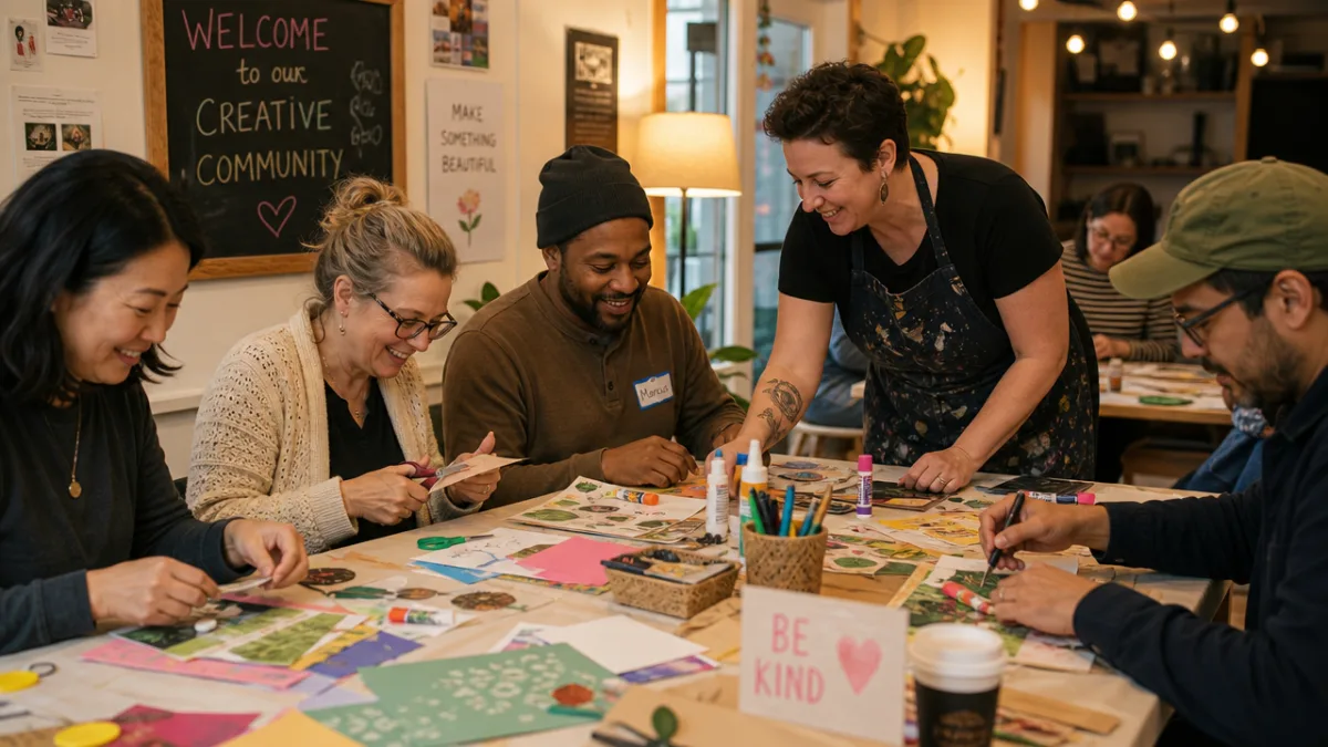 a group of adults working together at a craft workshop table covered…