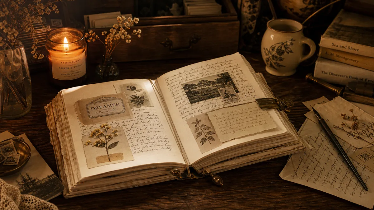 a cozy wooden desk with an open handmade journal, vintage ephemera, warm…