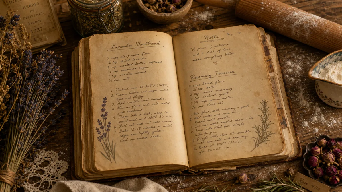 an open vintage-style recipe journal surrounded by dried herbs, flour dusted wooden…