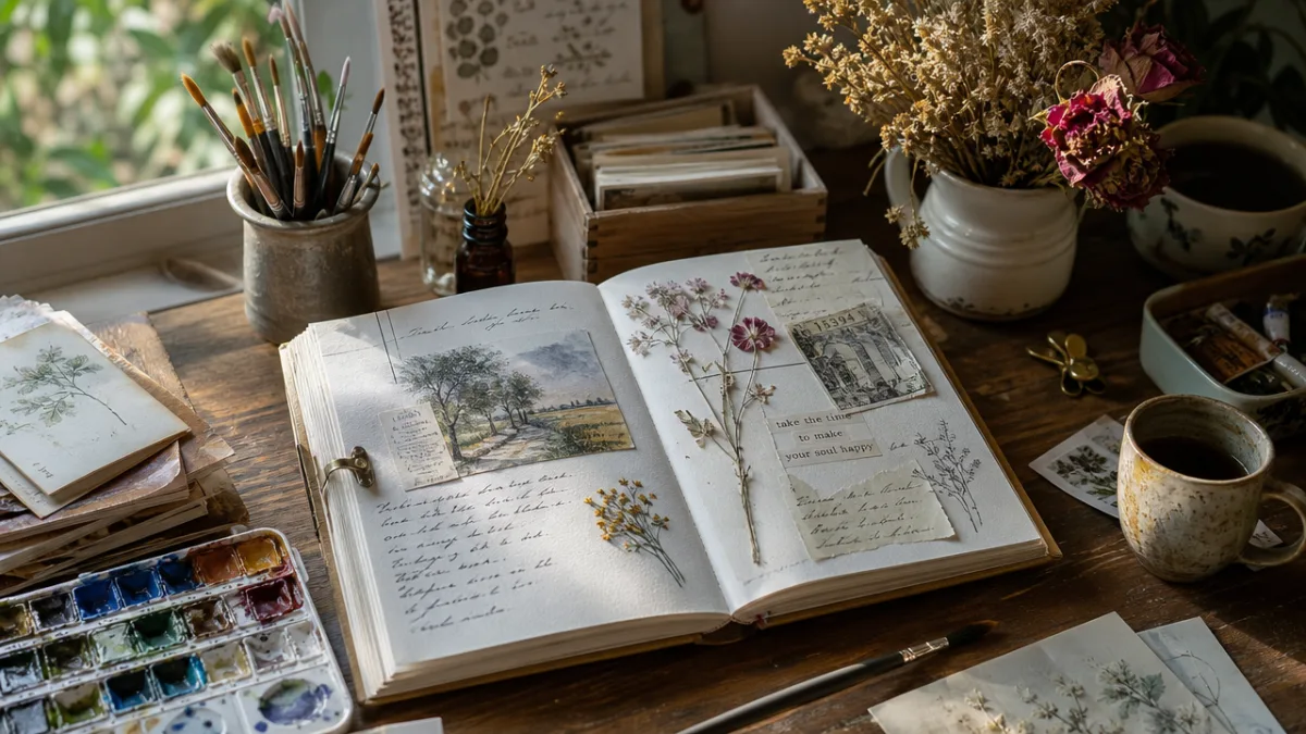 a creative workspace with open art journal, scattered watercolor paints, dried flowers,…