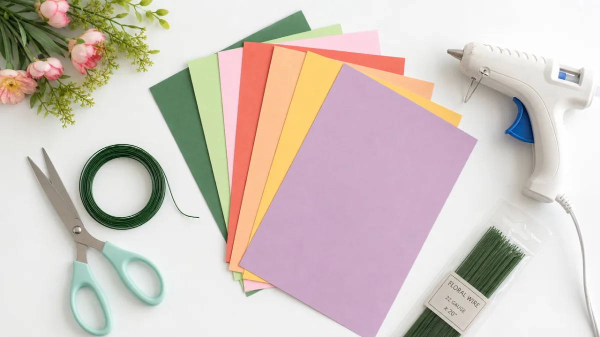 a flat lay of colorful cardstock, scissors, glue gun and floral wire…