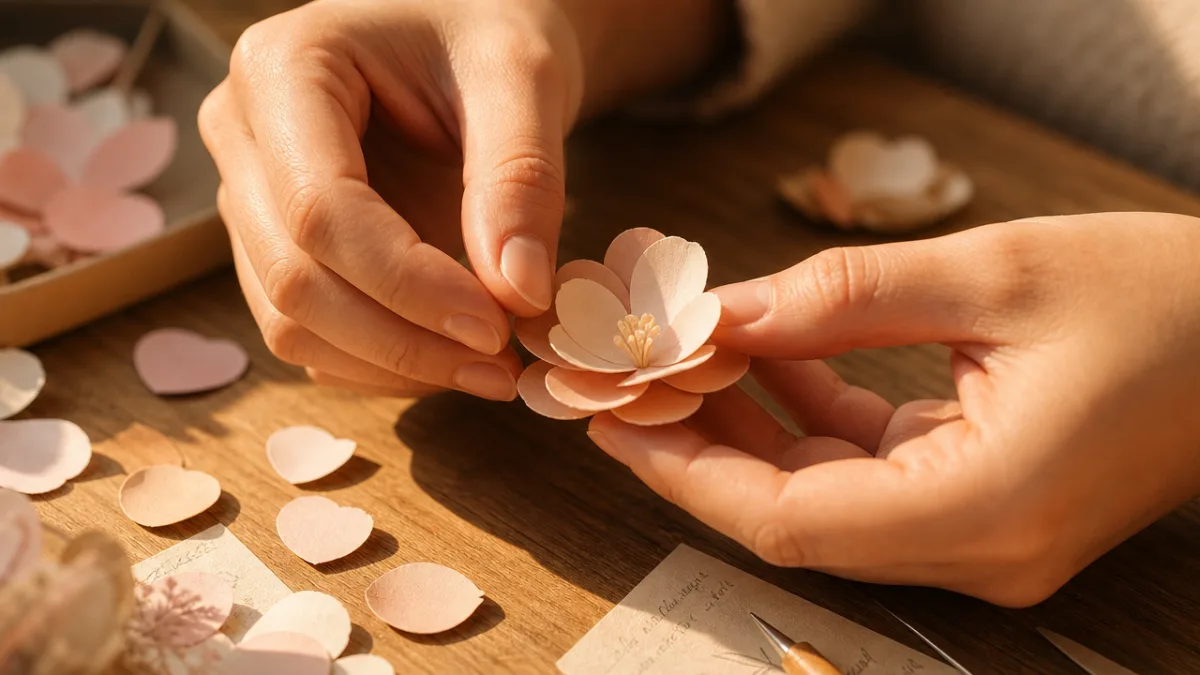 hands carefully assembling layered paper petals into a delicate mini flower, warm…