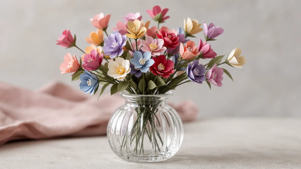 an elegant arrangement of colorful mini paper flowers displayed in a small…