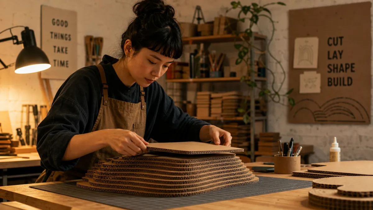 a craftsperson carefully layering corrugated cardboard sheets in a workshop, warm ambient…