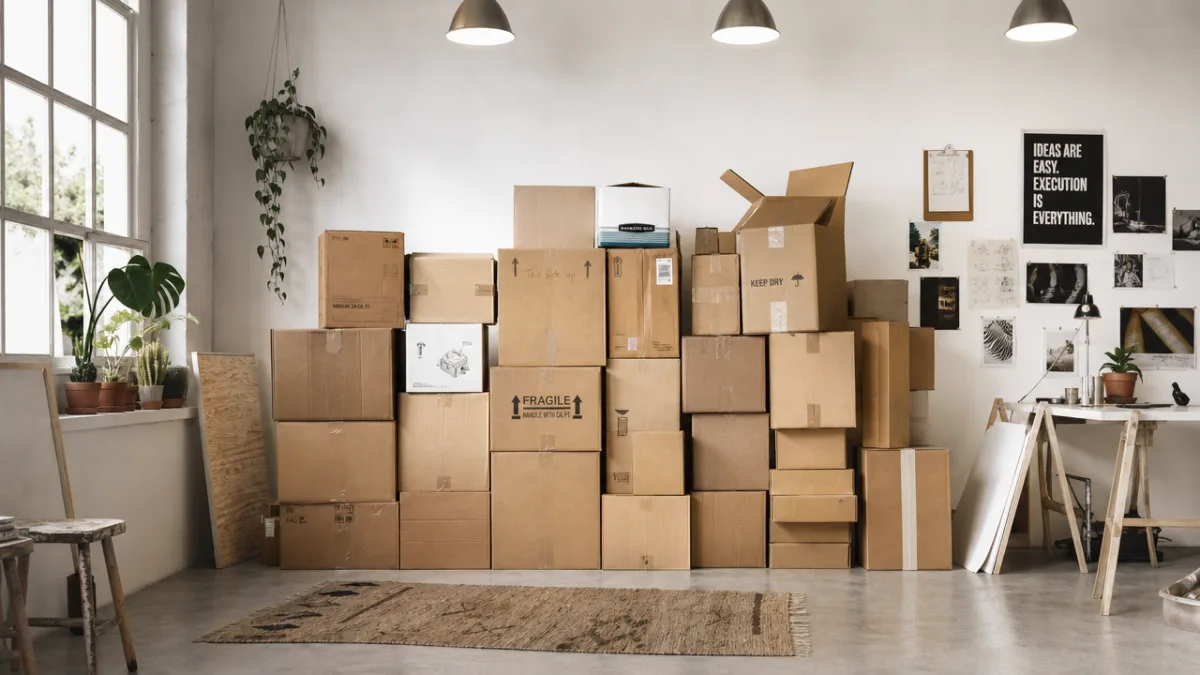 raw collected cardboard boxes stacked in a bright studio space, overhead lighting…
