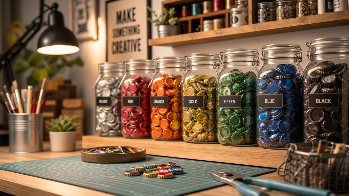 a well-organized craft workspace with sorted bottle caps in glass jars, warm…