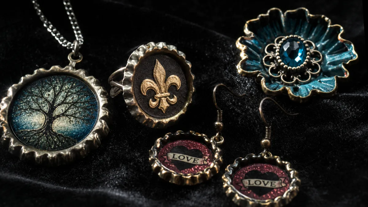 close-up of handcrafted bottle cap jewelry pieces on dark velvet, dramatic side…